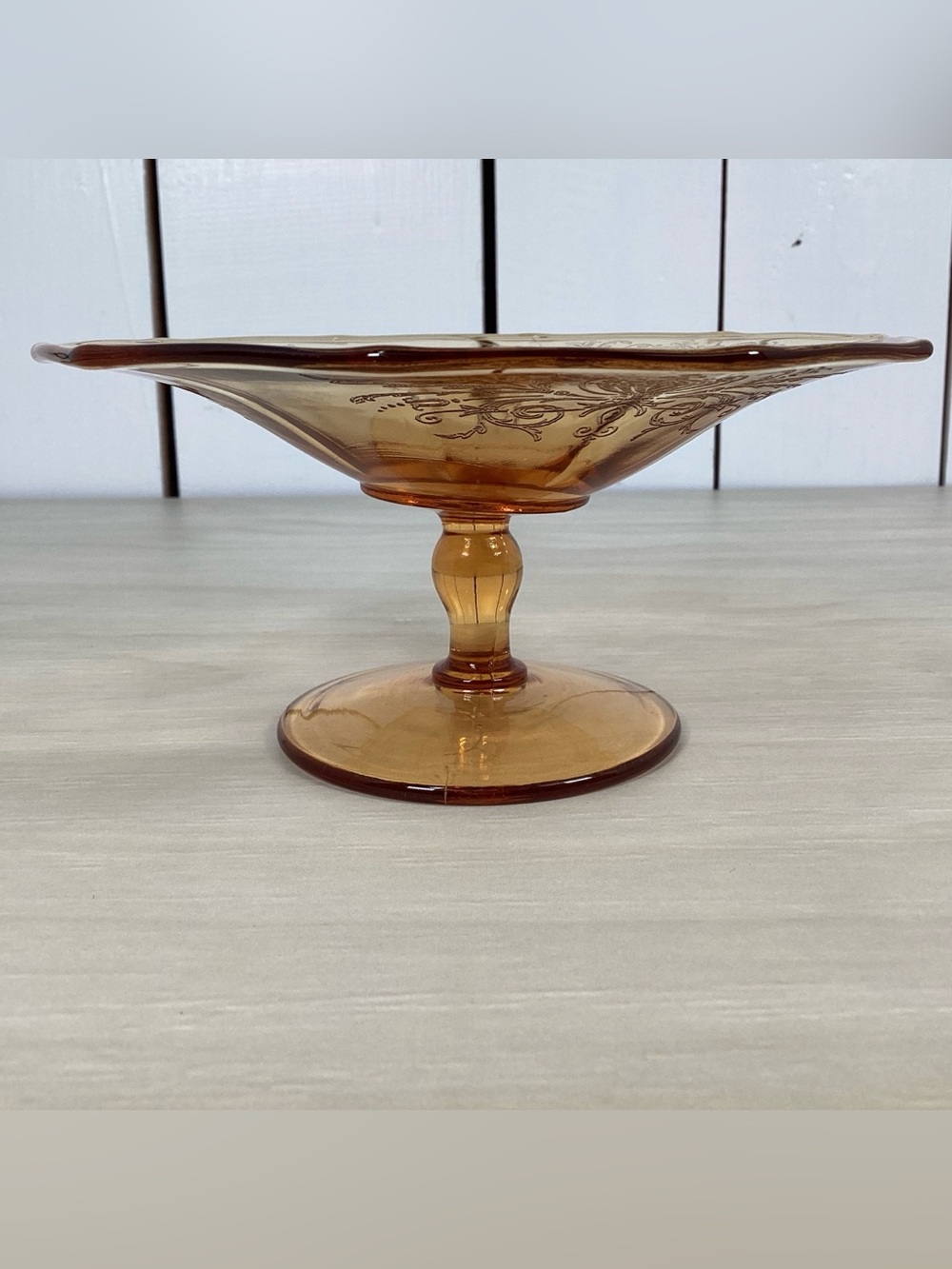 Vintage Etched Amber Depression Glass Pedestal Dish 6" x 3", Cambridge Glass